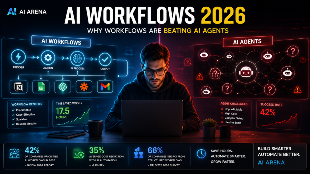 AI workflows 2026 vs AI agents comparison showing automation systems and productivity tools