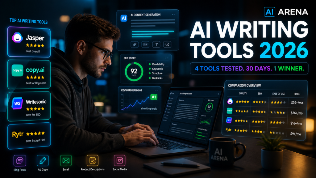 AI writing tools comparison 2026 — Jasper vs Copy.ai vs Writesonic vs Rytr tested and ranked